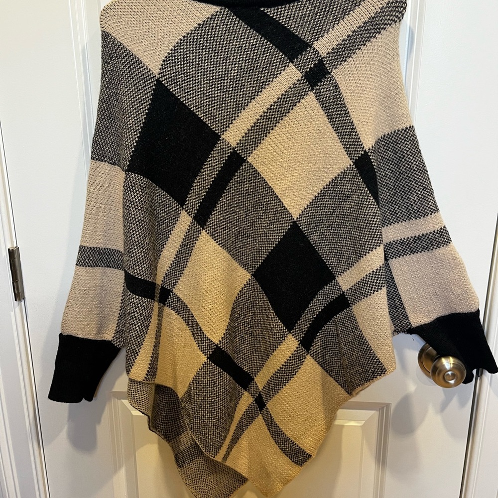 SHEIN Black and Tan Plaid Poncho